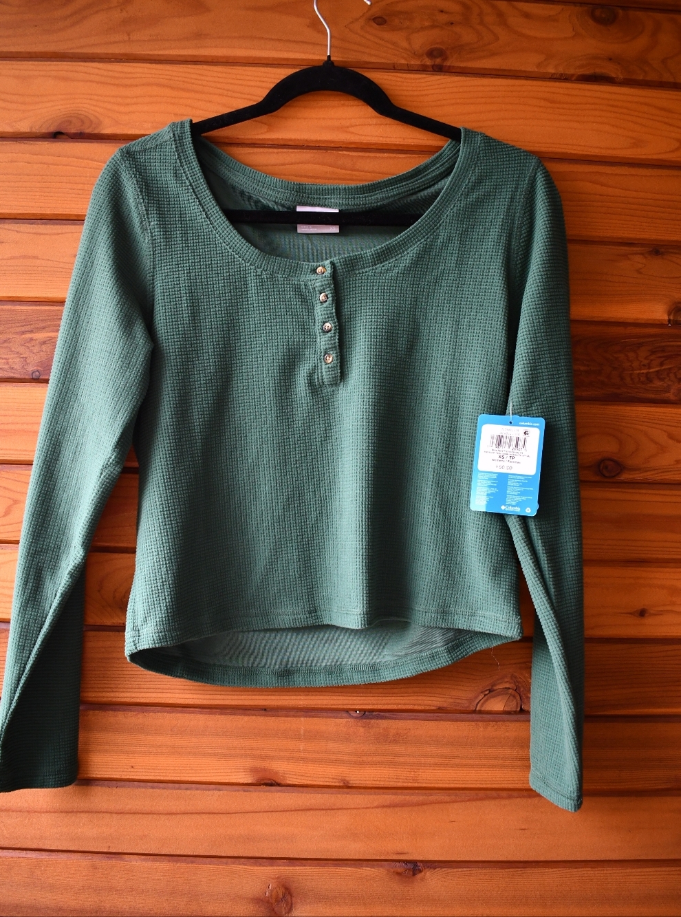 Columbia Moisture Wick Green Waffle Knit Henley Top